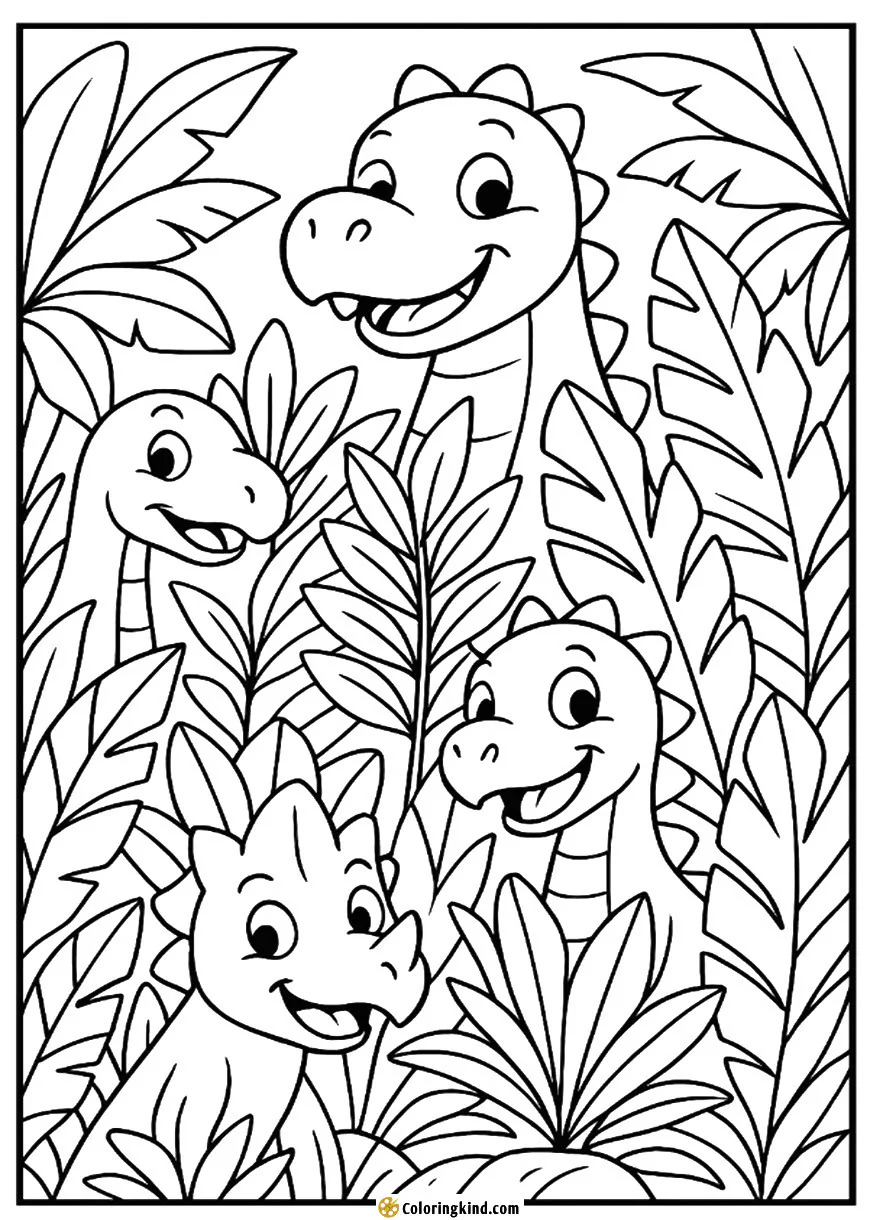 Jungle dinos peeking from behind tropical plants