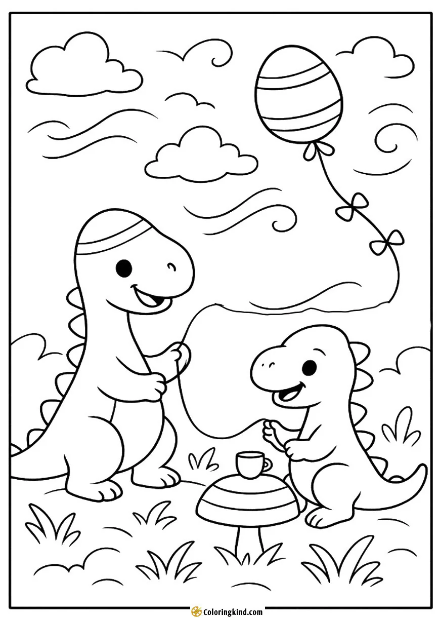 Dino friends flying kites shaped like eggs on a windy day