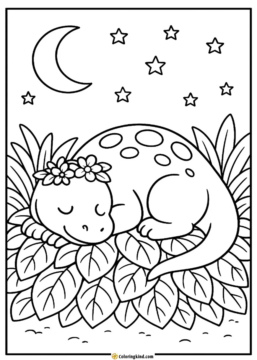 Sleeping dinosaur under stars and crescent moon