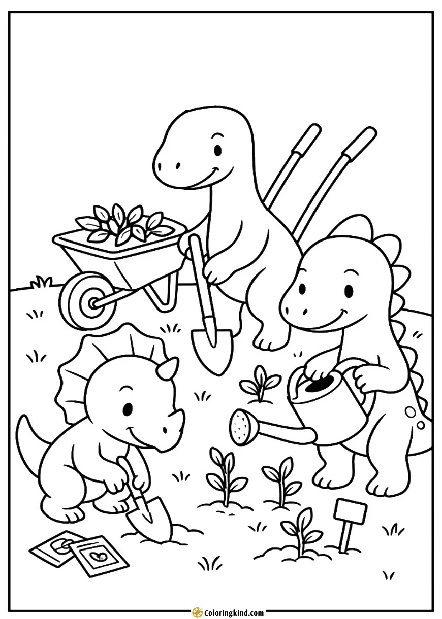 Garden scene with dinos planting seedlings and watering