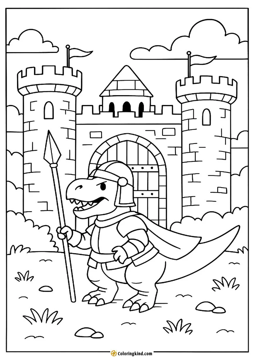 Dinosaur castle with a knight dino guarding the gate