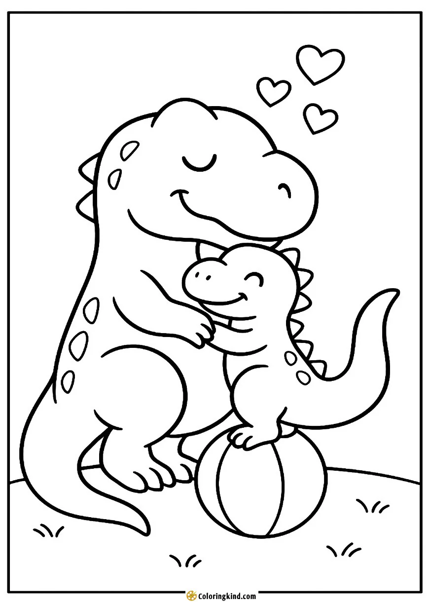 Gentle T-rex hugging a tiny dinosaur, hearts floating above