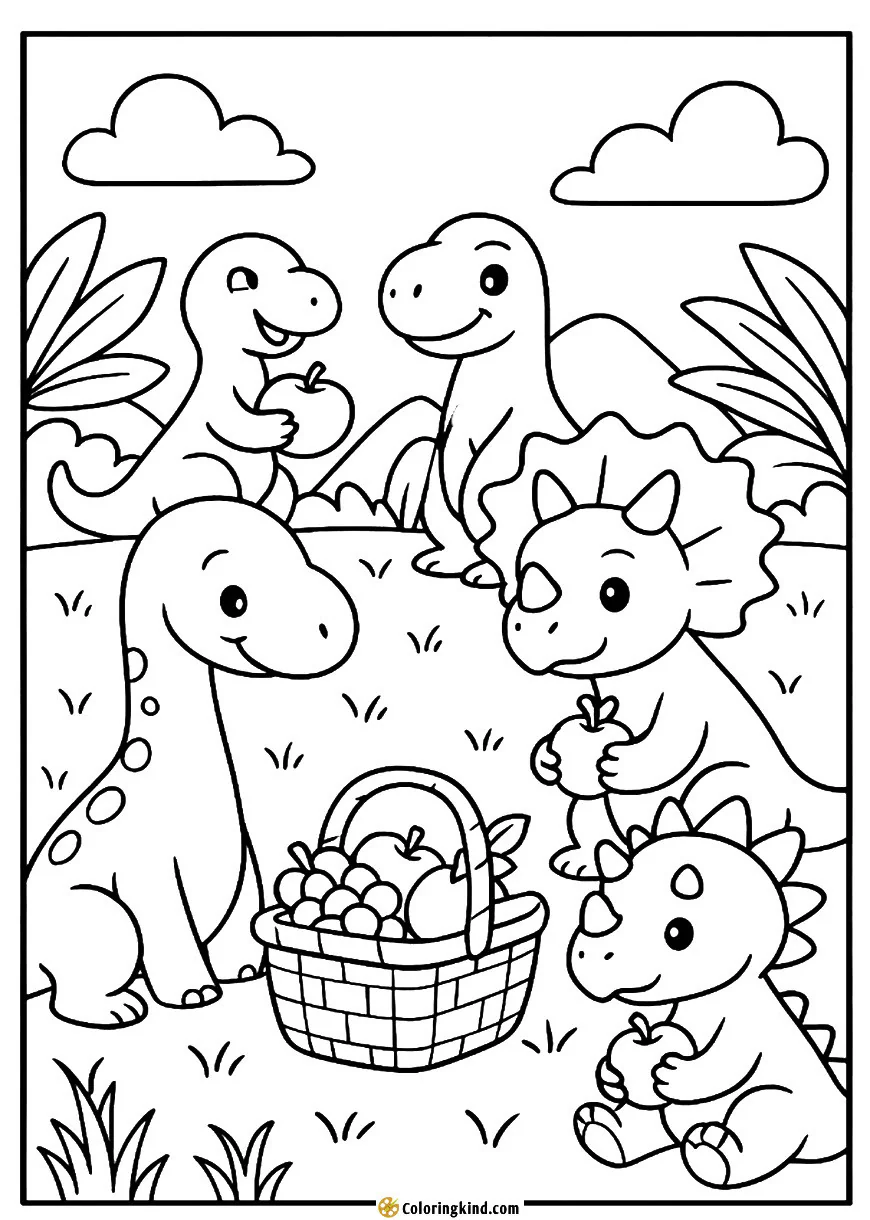 Group of small dinos sharing a picnic basket