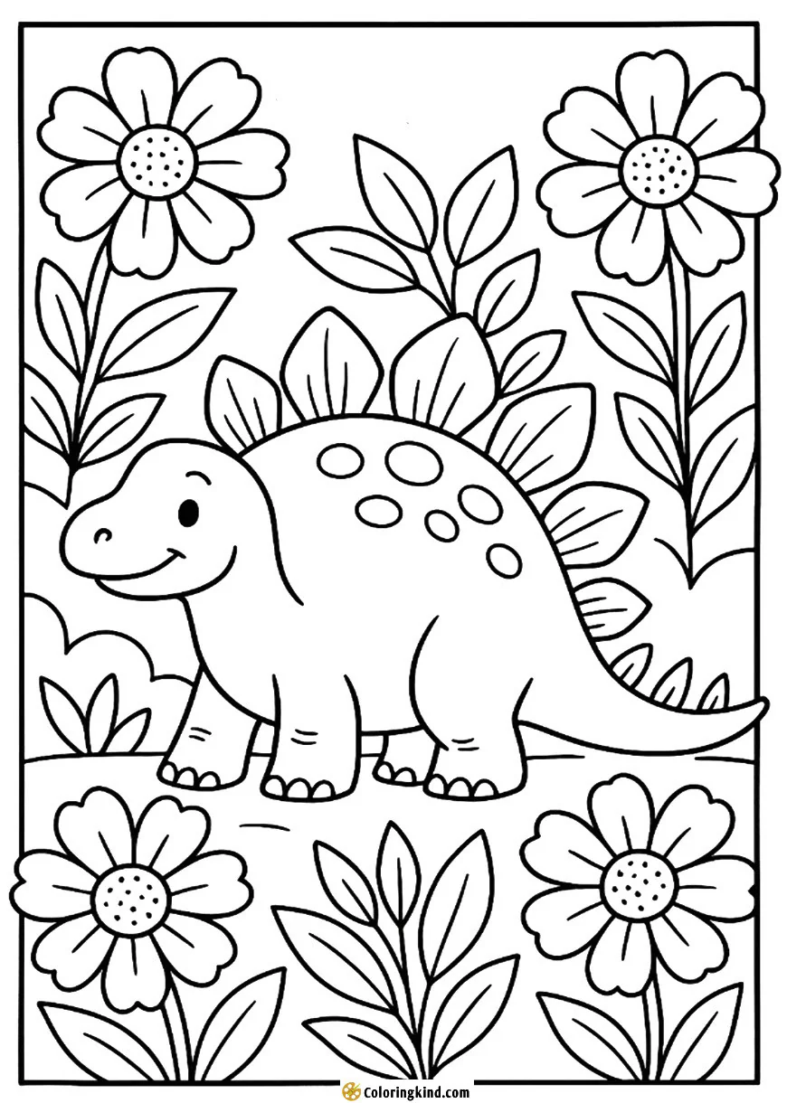 Happy stegosaurus among oversized flowers