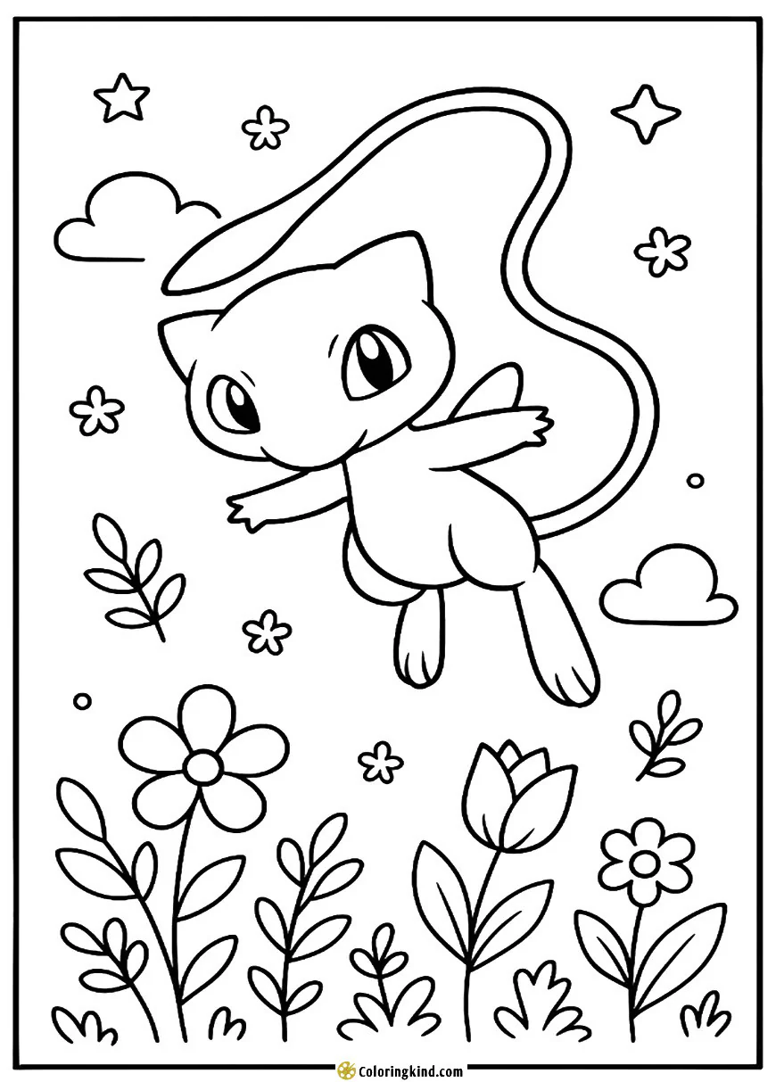 Mew Flying through a Magical Garden