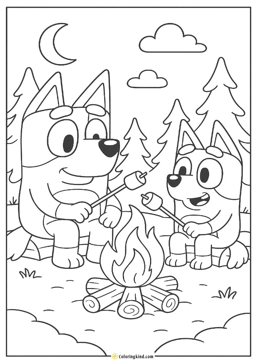 Bluey and Bingo around a Campfire