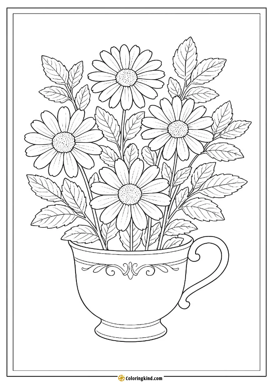 Daisies and mint sprigs overflow from a dainty teacup.