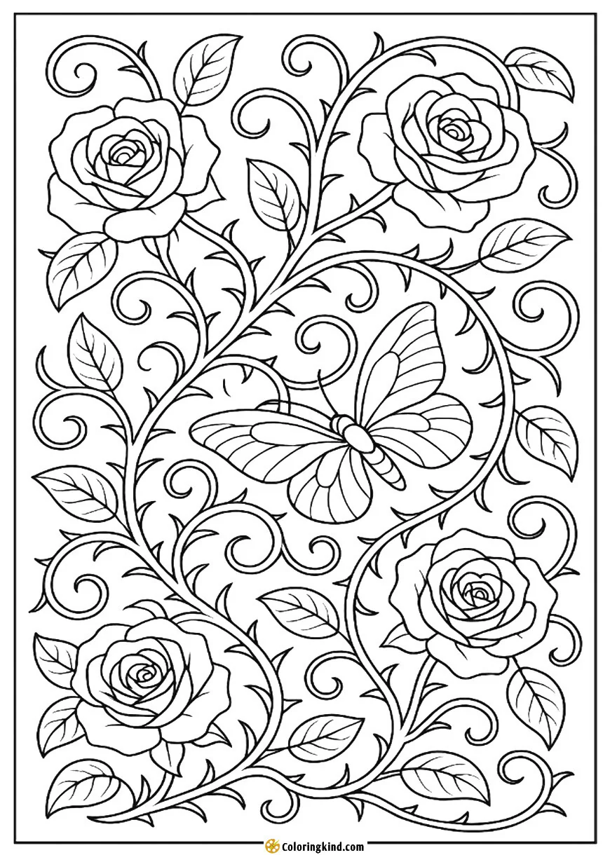 Roses and thorns entwine in swirling, romantic vines