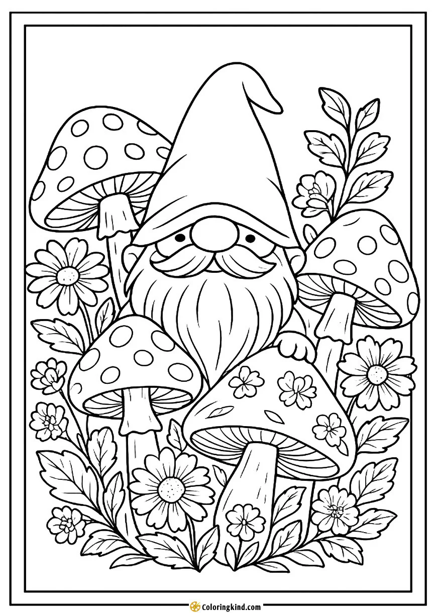 A garden gnome peeks out from a nest of mushrooms