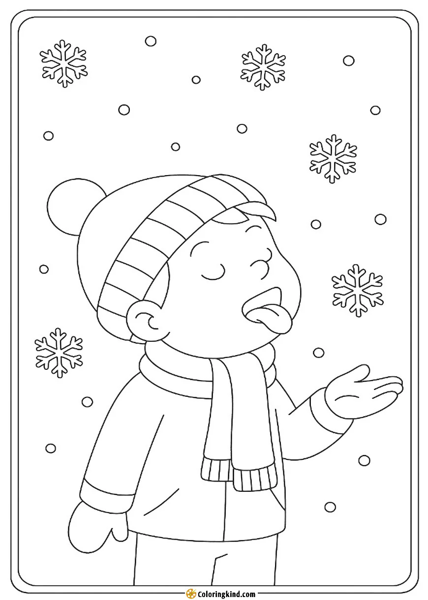 Boy with Red Scarf Catching Snowflakes