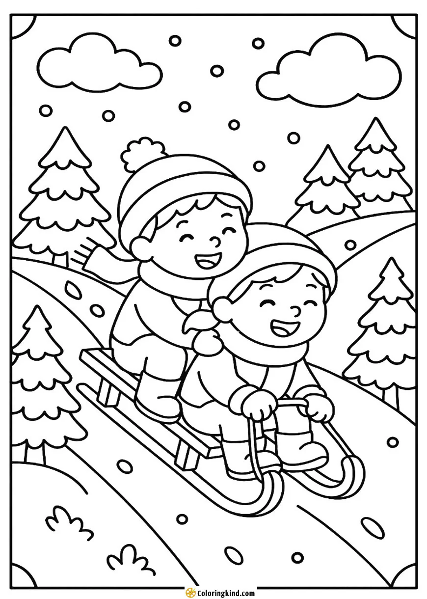 Kids Sledding Down a Snowy Hill
