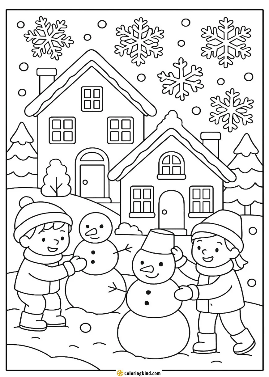 Children Building Snowmen in Front of Houses