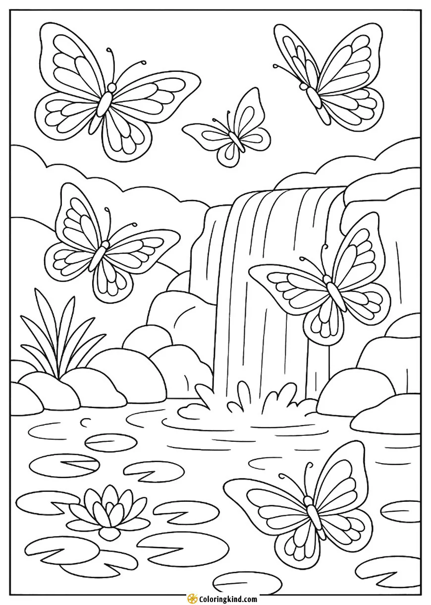 Butterflies Around a Waterfall