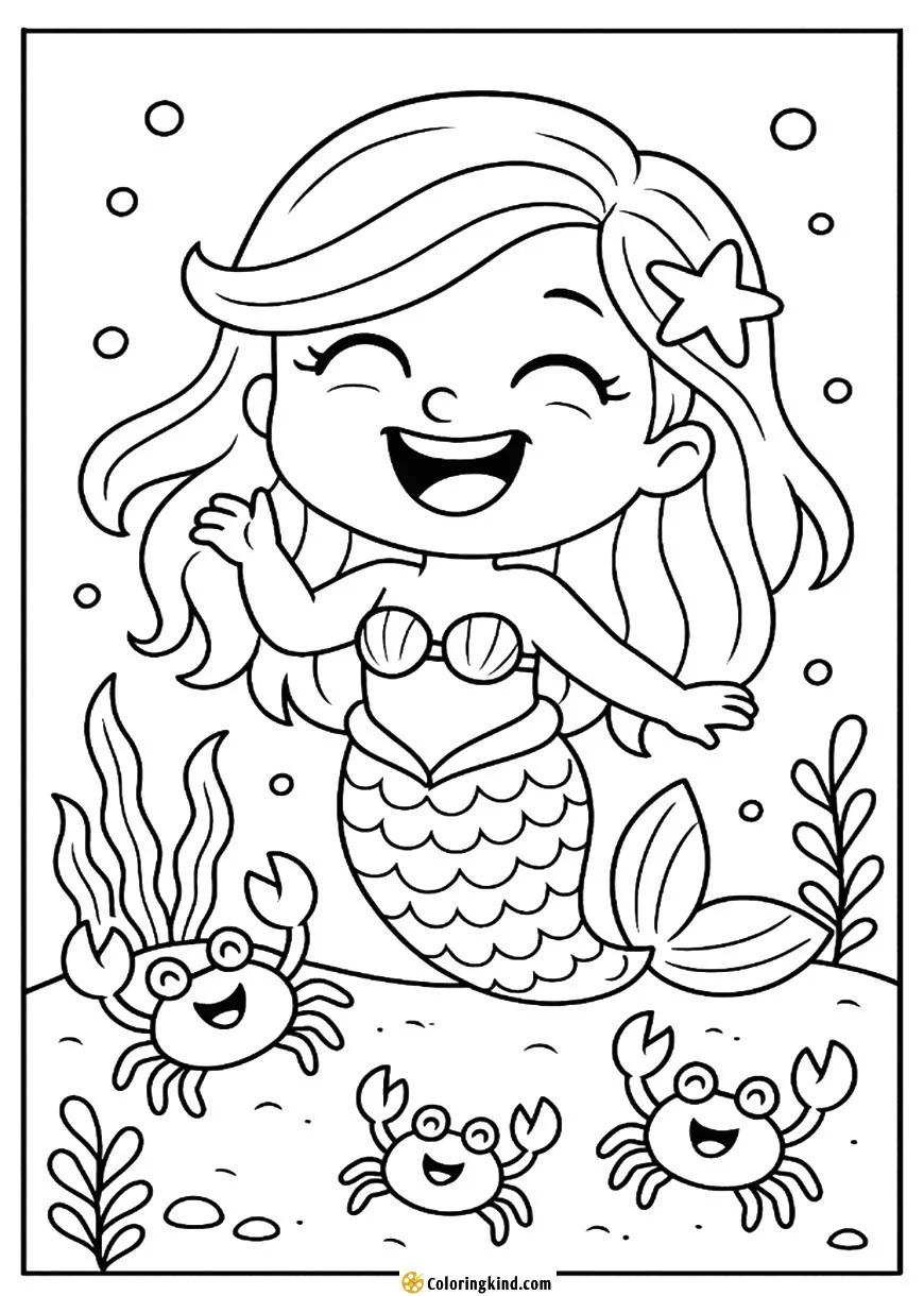 Mermaid Laughing with Playful Crabs