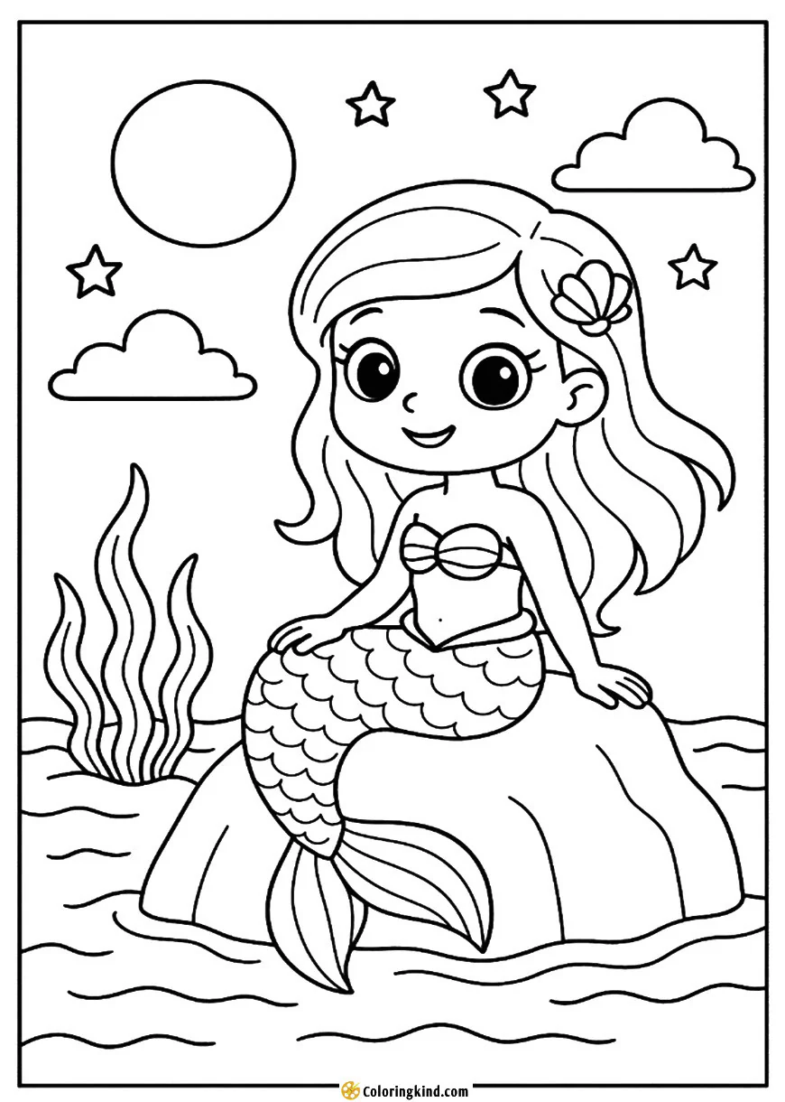 Mermaid Sitting on a Moonlit Rock Shore