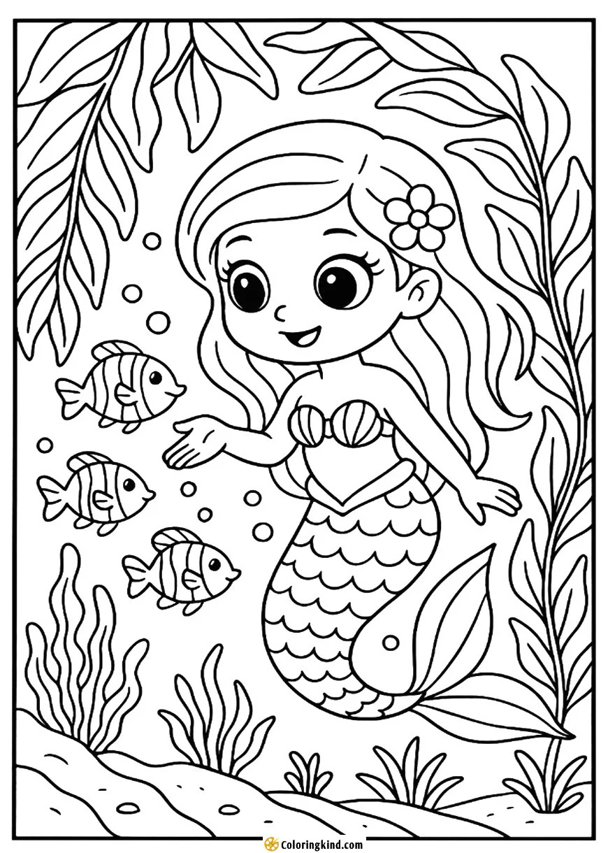 Mermaid Feeding Tropical Fish by a Kelp Canopy