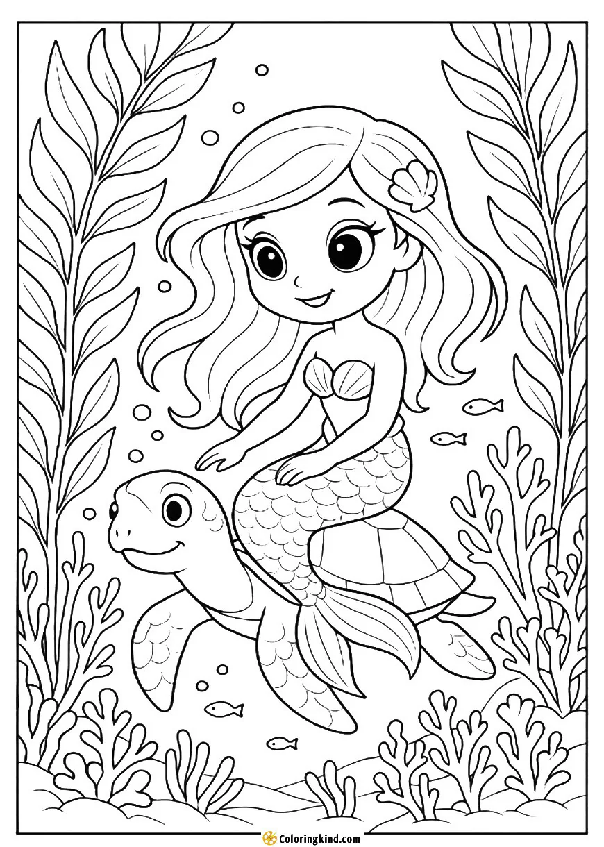 Mermaid Riding a Sea Turtle Through an Underwater Forest