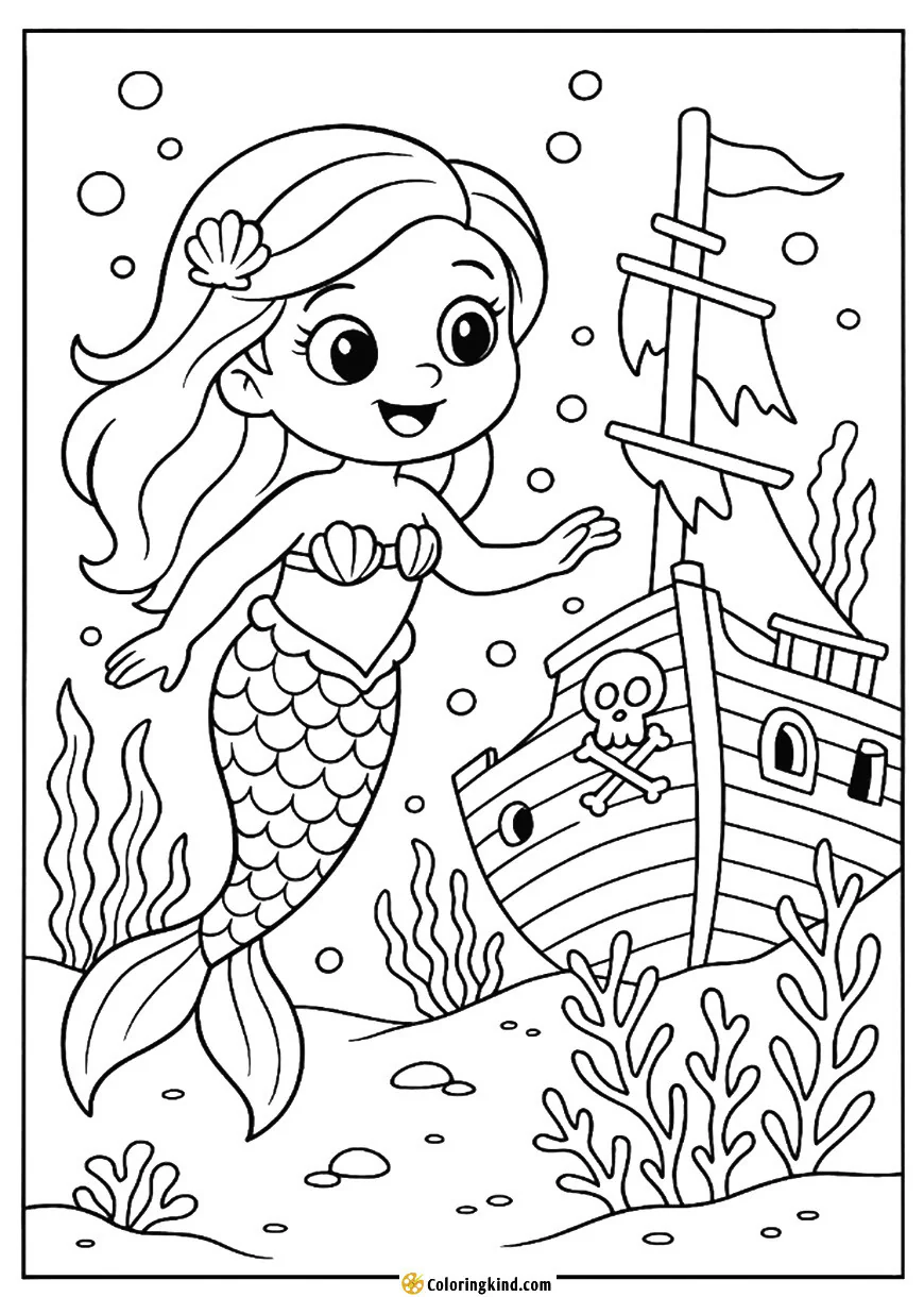 Mermaid Exploring a Sunken Pirate Ship