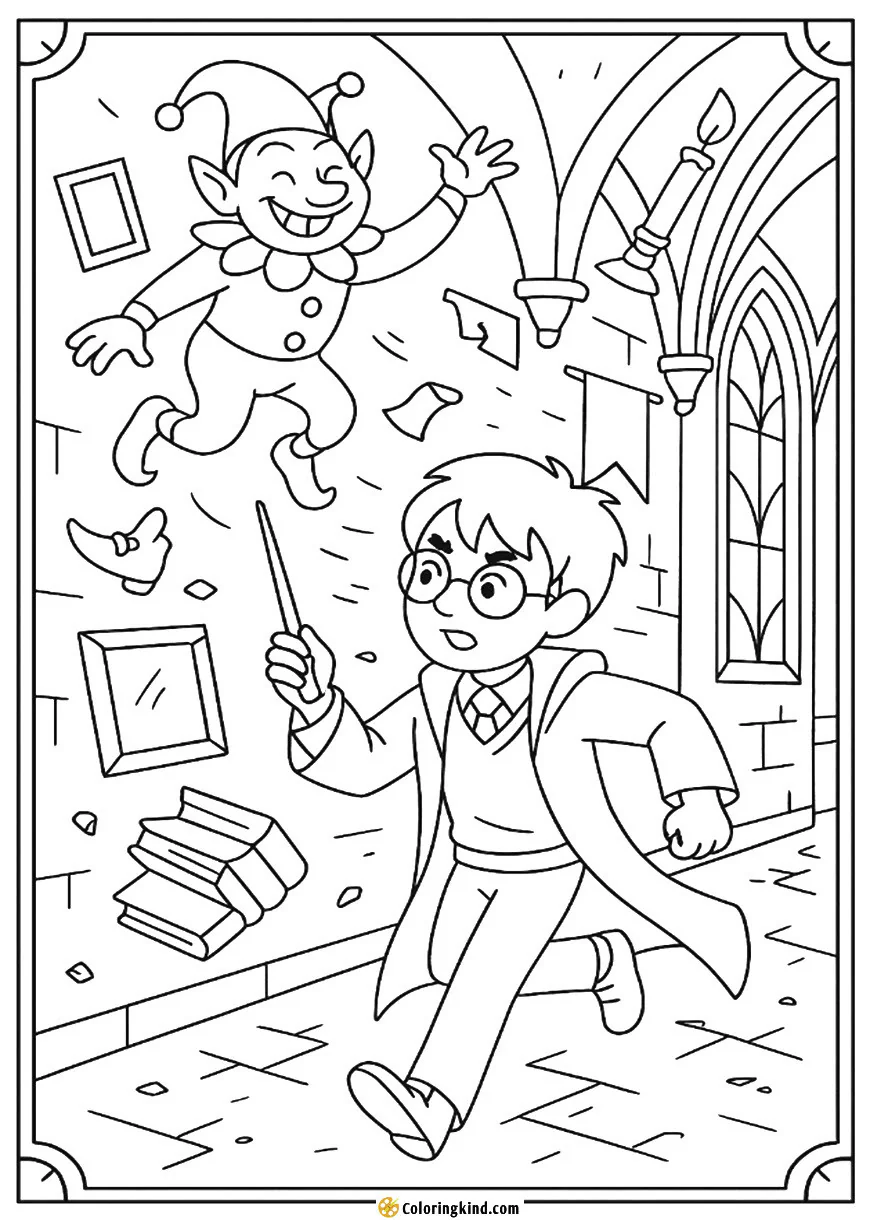 Harry and Peeves Causing Chaos in the Corridors