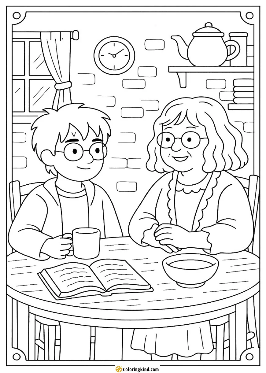 Harry and Molly Weasley at The Burrow Kitchen Table