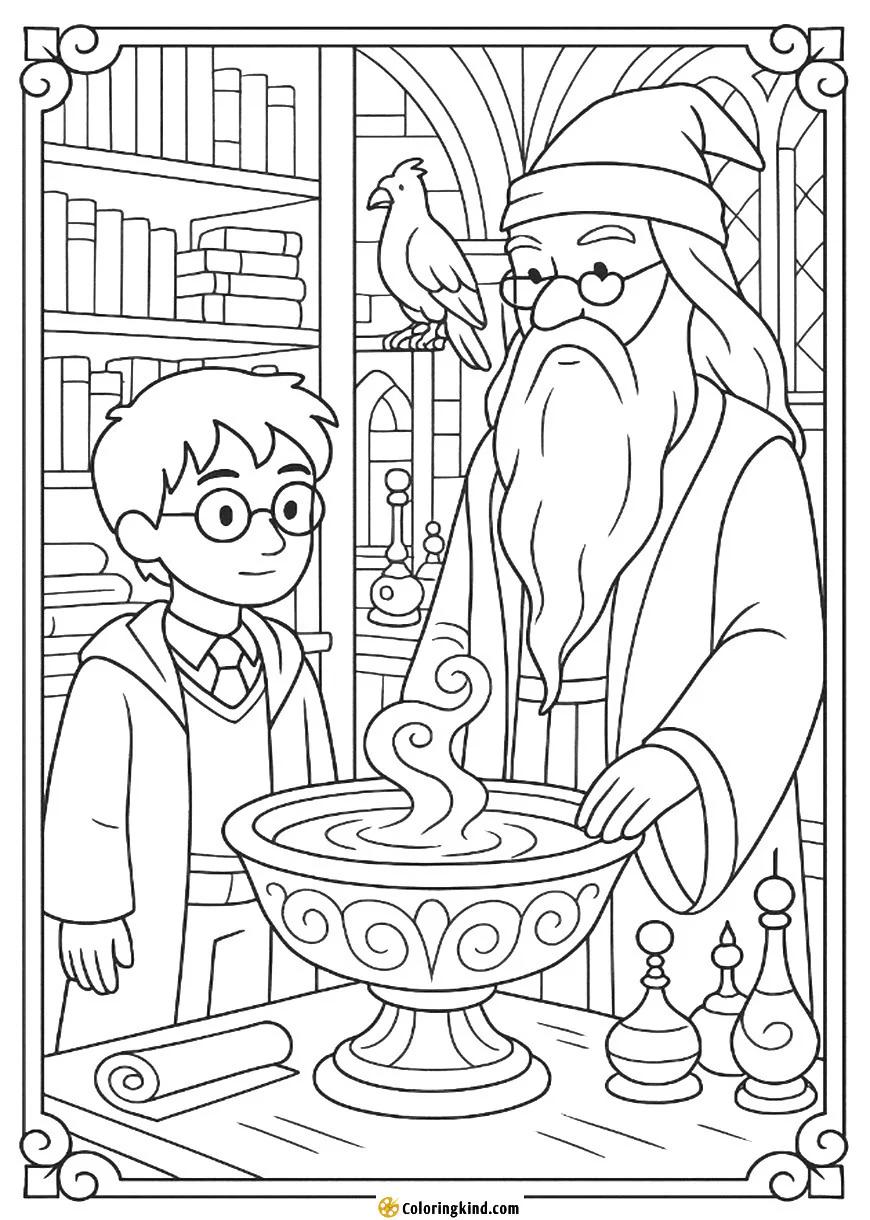 Harry and Dumbledore by the Pensieve in His Office