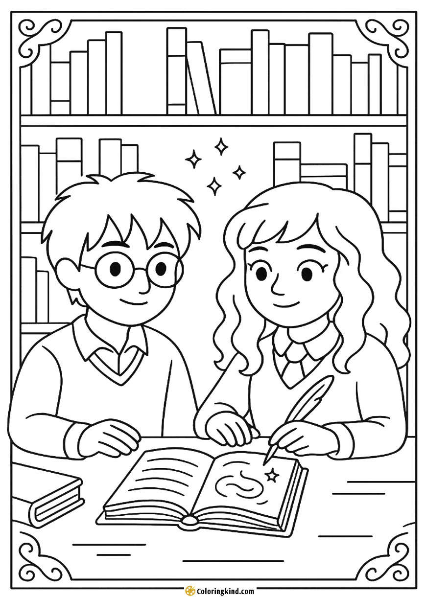 Harry and Hermione Studying Spells in the Library