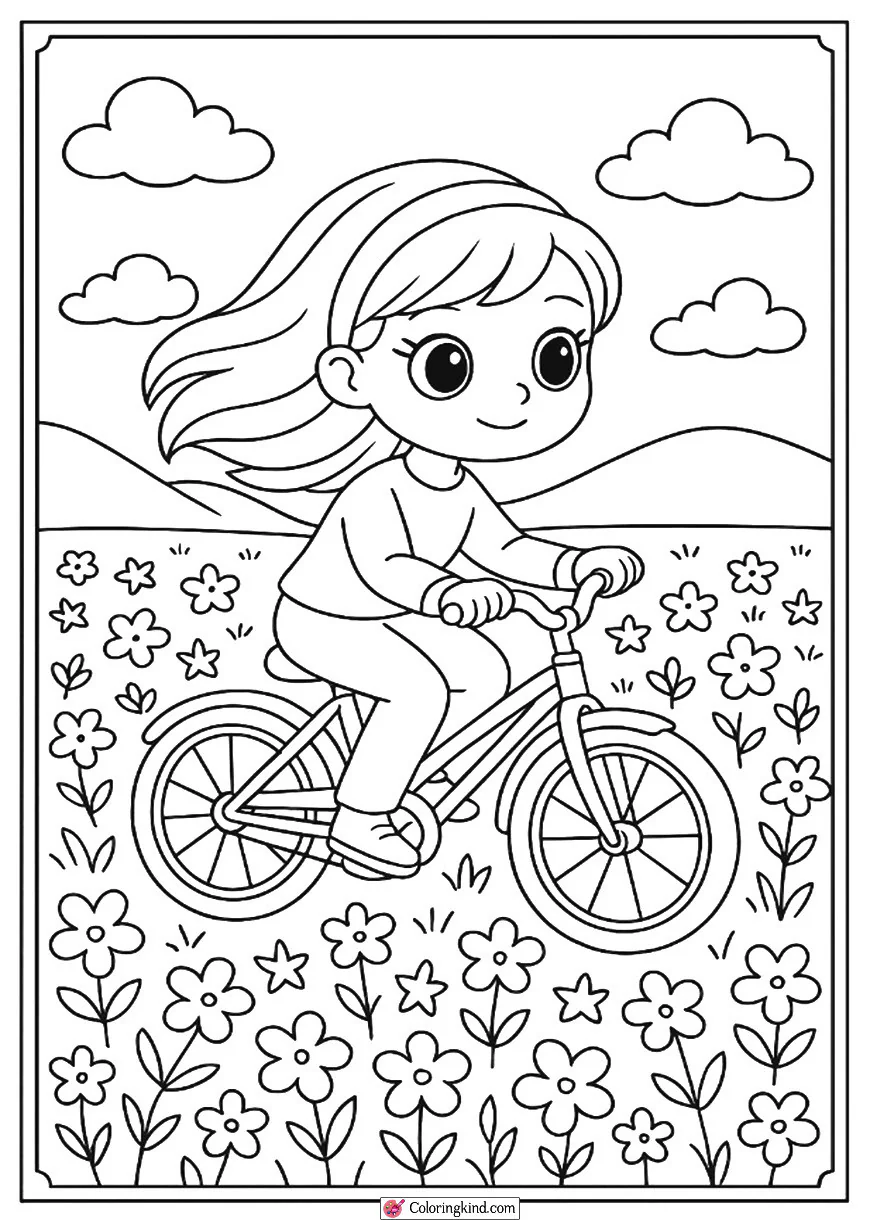 Girl Riding a Bicycle Through a Flower Field