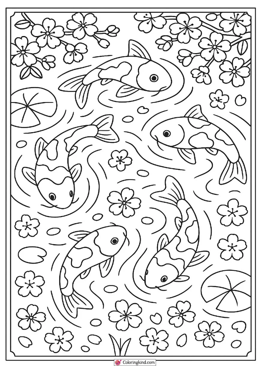 Pond with Koi Fish and Cherry Blossoms