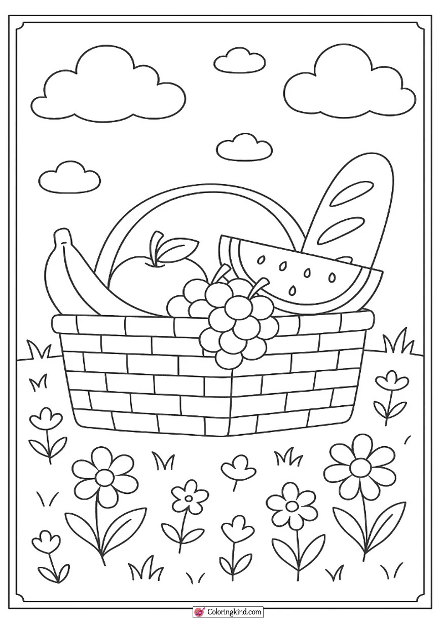 Picnic Basket with Fresh Fruits and Bread