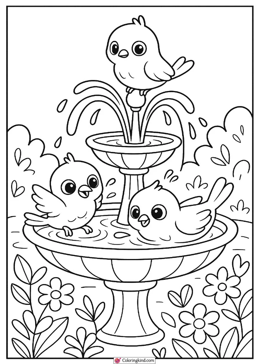 Birds Bathing in a Fountain