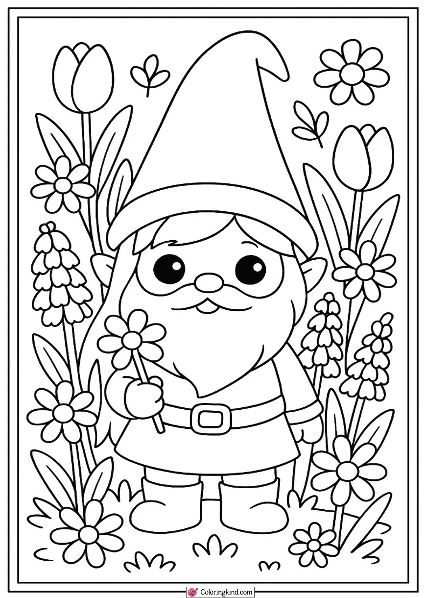 Garden Gnome with Spring Flowers