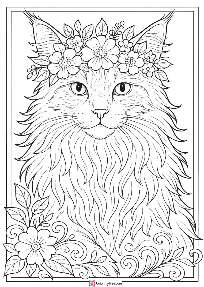 Maine Coon Wearing a Flower Garland