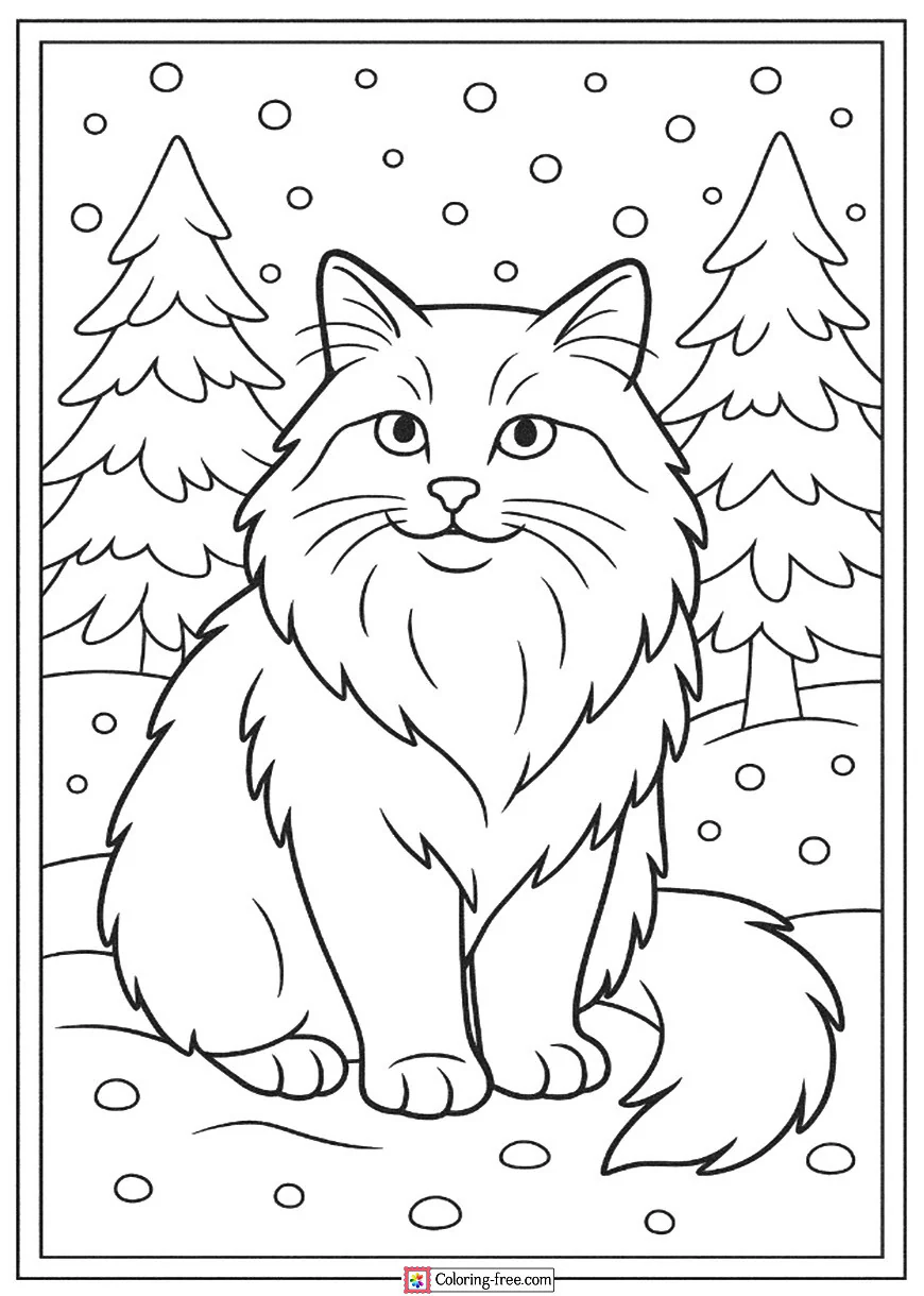 Norwegian Forest Cat in a Snowy Forest