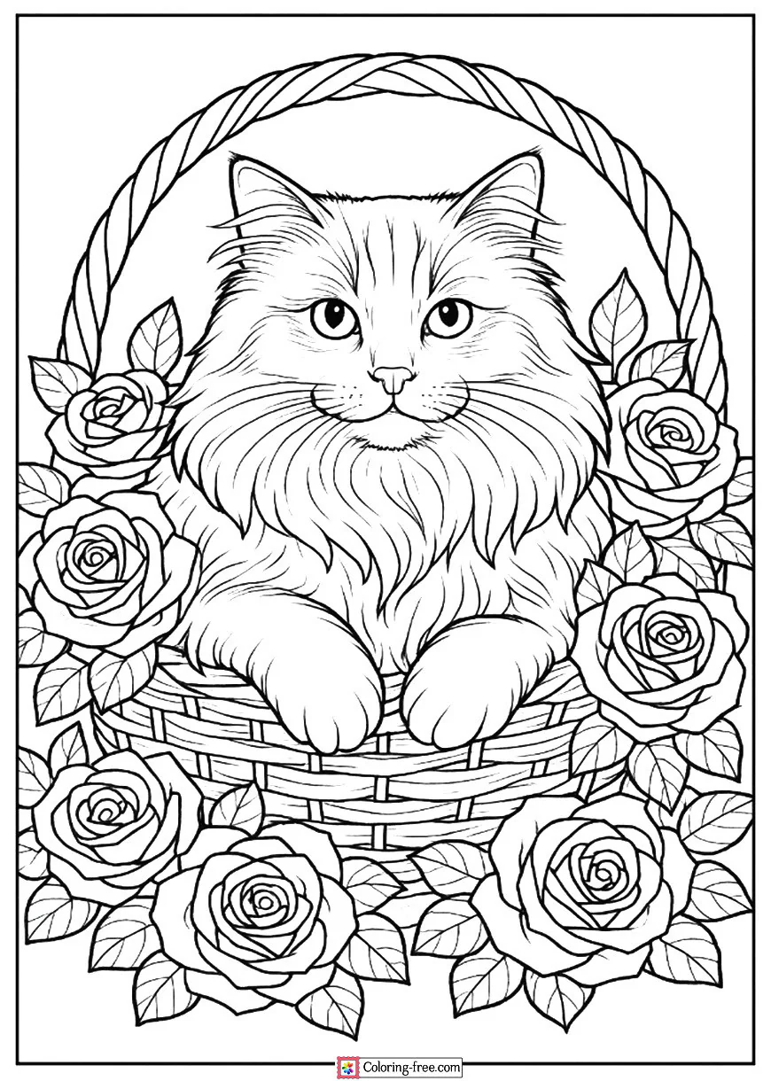 Ragdoll Cat Lying in a Basket of Roses