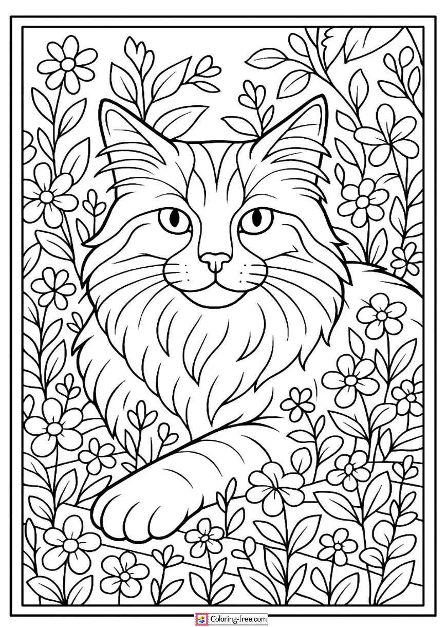 Maine Coon Resting in a Flower Garden
