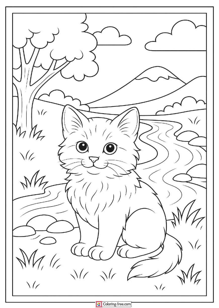 Cat Sitting by a Flowing River