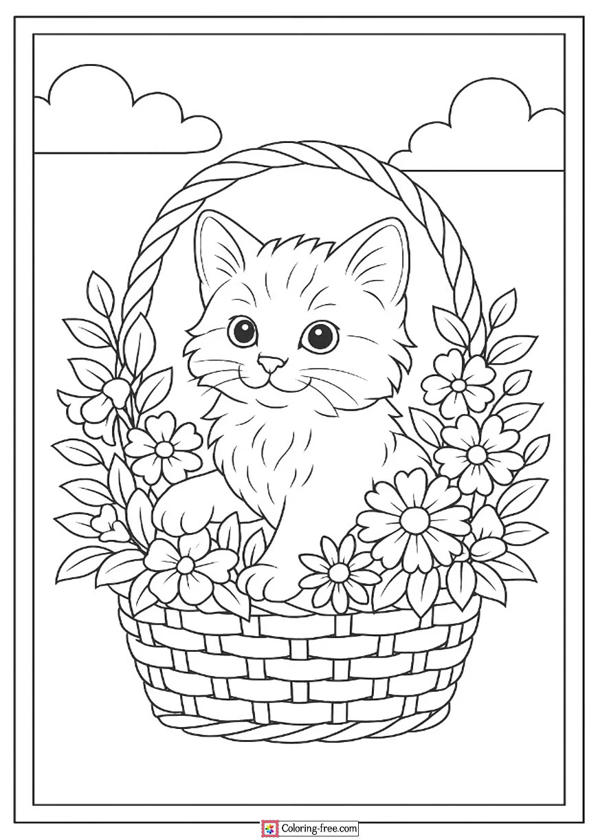 Kitten Playing in a Flower Basket