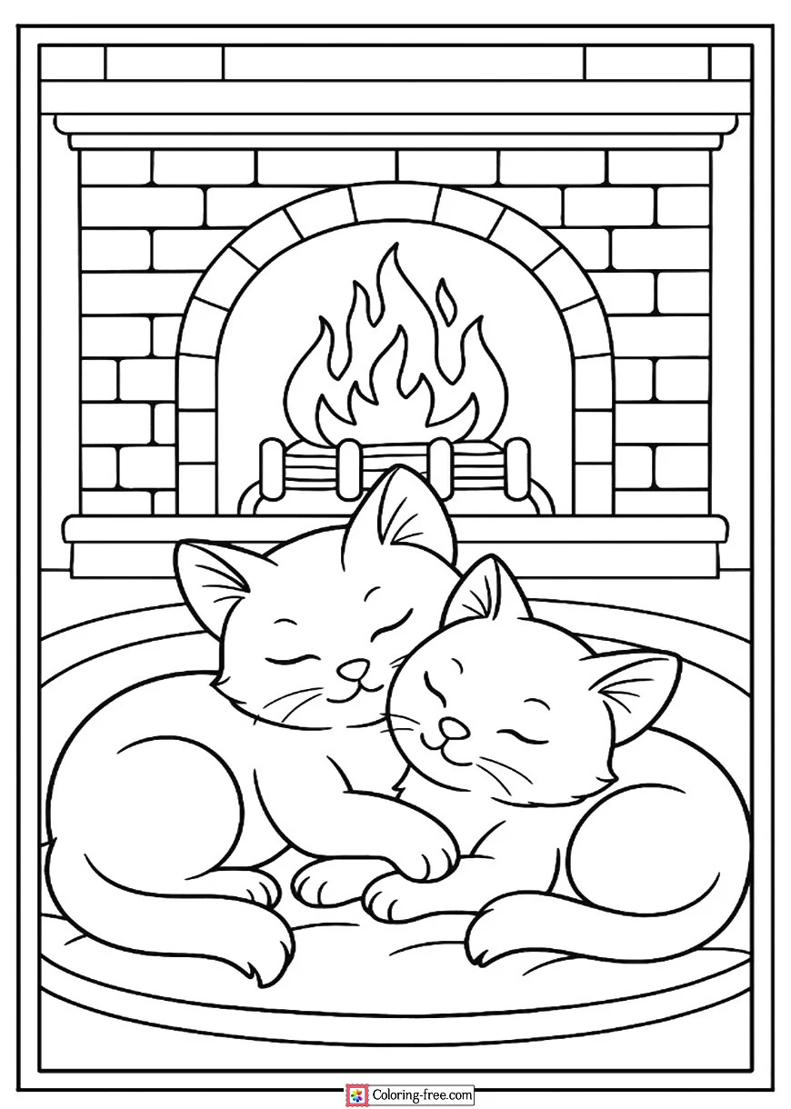 Two Cats Cuddling by the Fireplace
