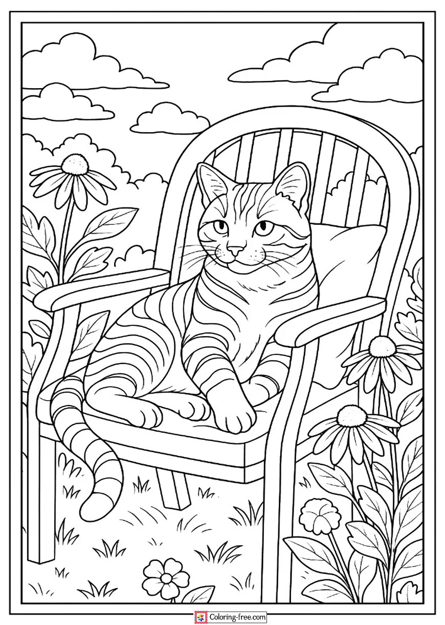 Tabby Cat Relaxing in a Garden Chair