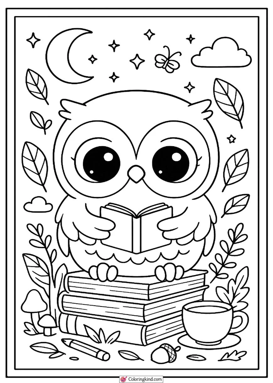 Cute Owl Reading a Tiny Book