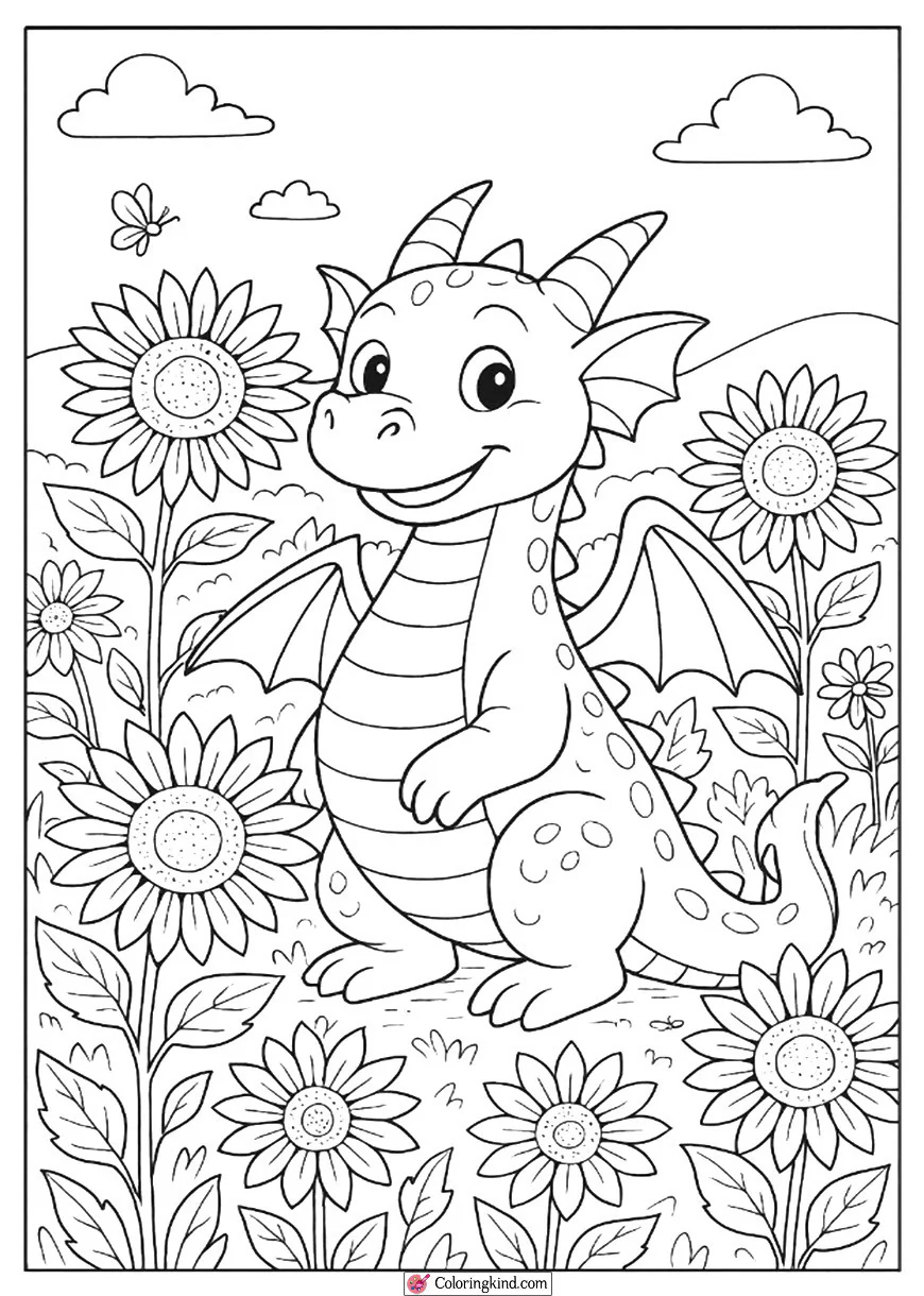Sunflower Meadow with Smiling Dragon