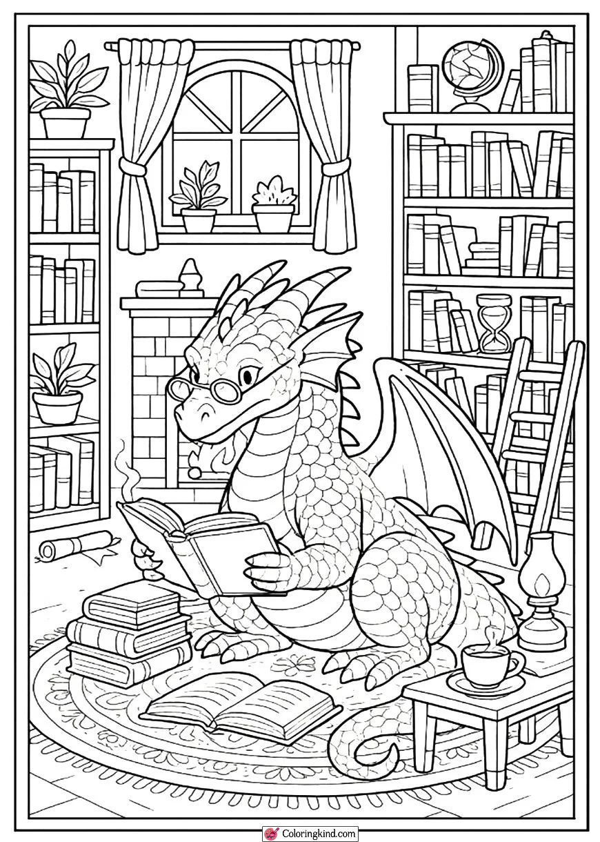 Bookish Dragon in a Cozy Library
