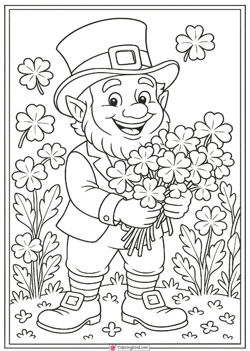 Happy Leprechaun Holding a Shamrock Bouquet