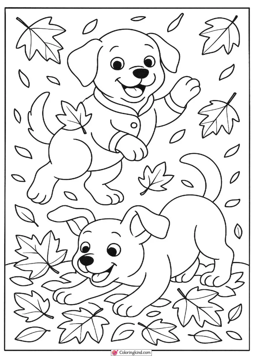 Two Dogs Playing in the Autumn Leaves