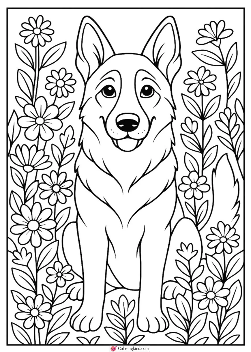 Loyal German Shepherd in a Flower Garden