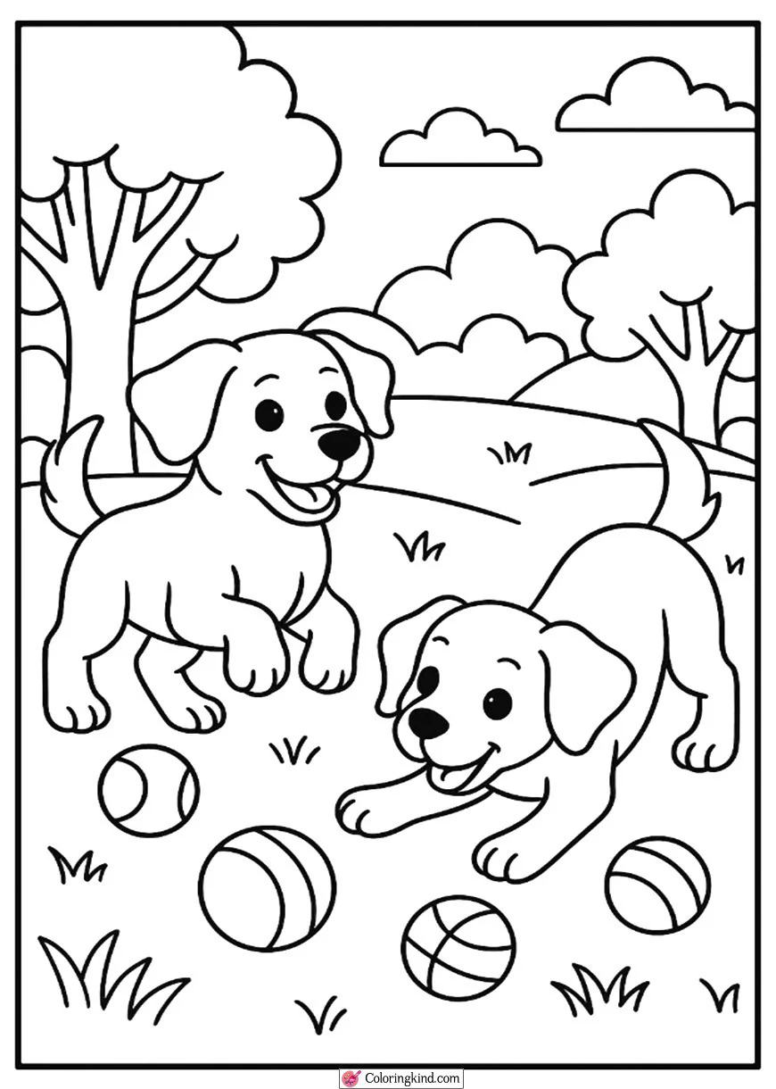 Two Dogs Playing with Balls