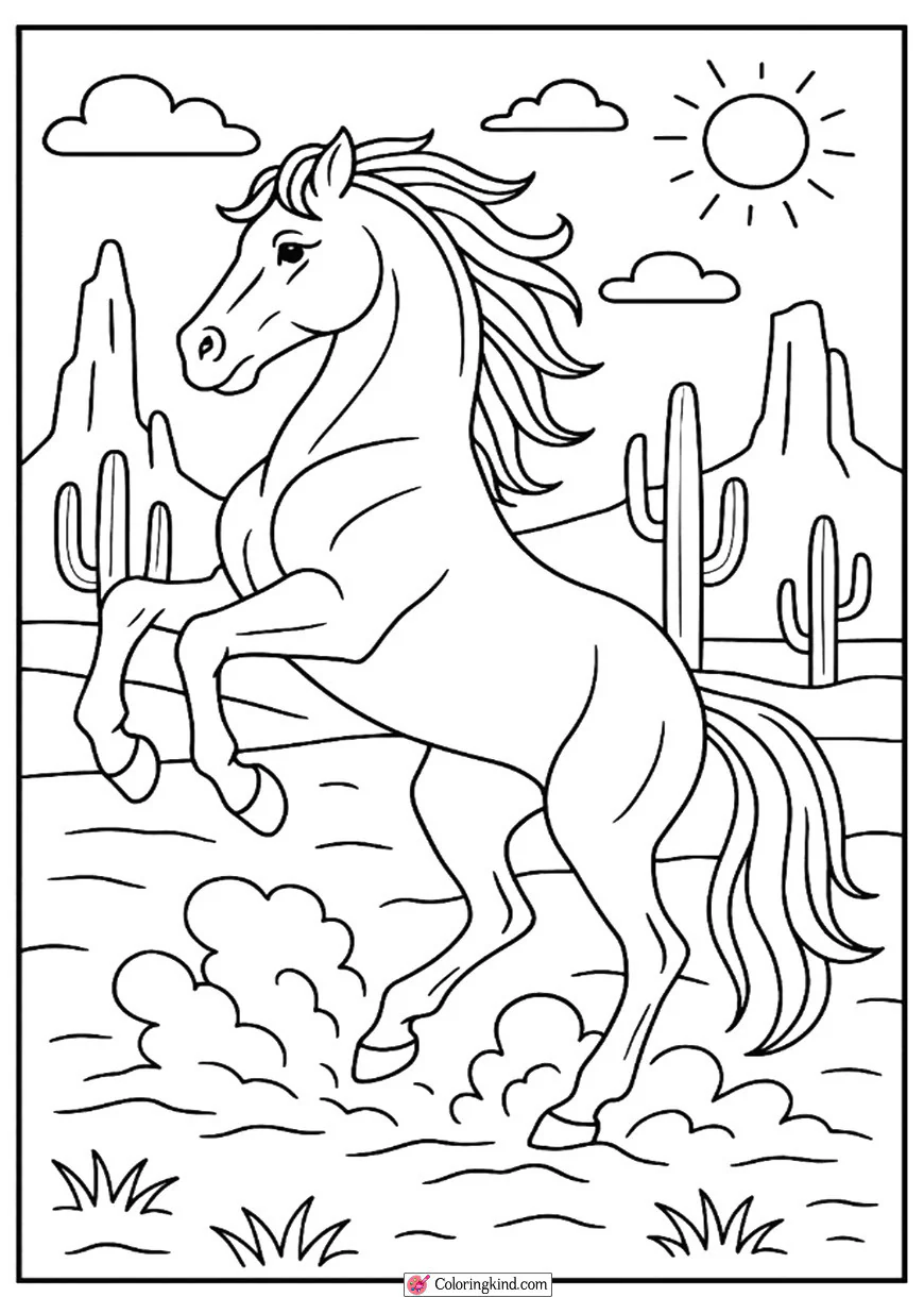 Horse Kicking Up Dust in Desert