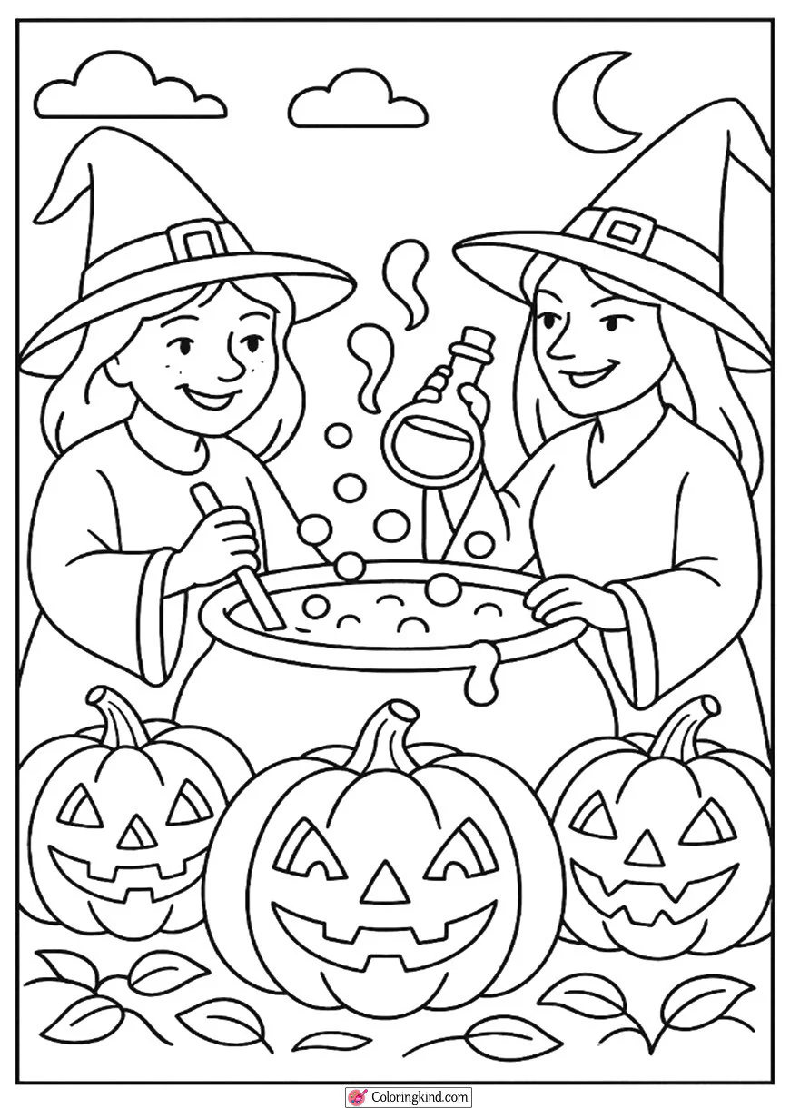 Witches Brewing Potion with Pumpkins