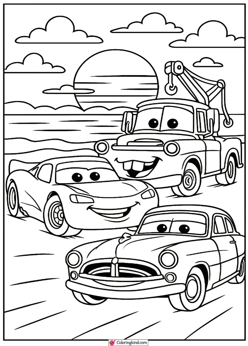 Lightning, Mater, and Doc Together in Sunset