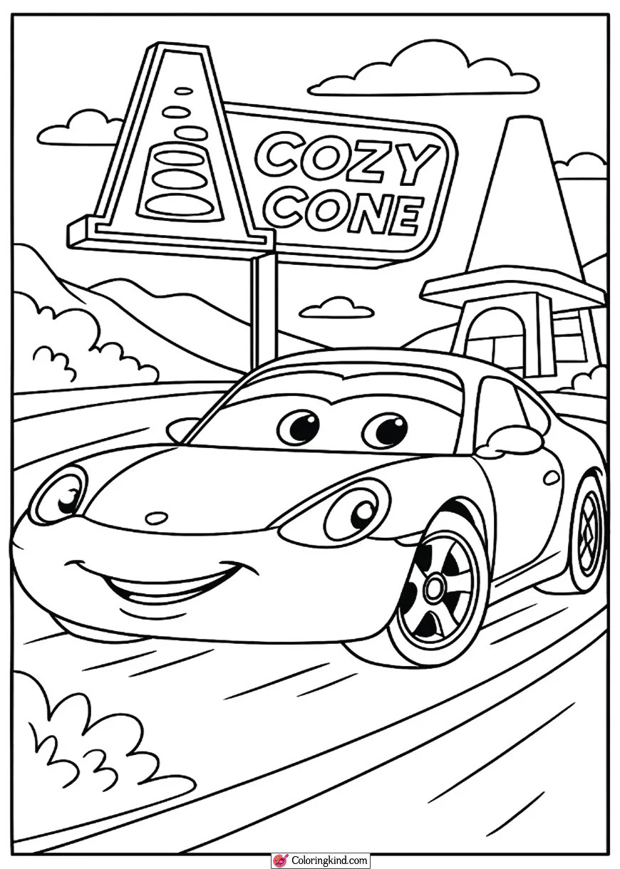 Sally with Cozy Cone Sign in Background